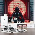 Japanese samurai wallpaper creating dramatic impact in modern living room with red moon design