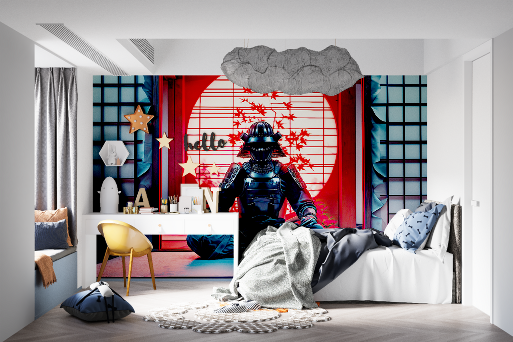 Japanese warrior wallpaper making statement in home office setting