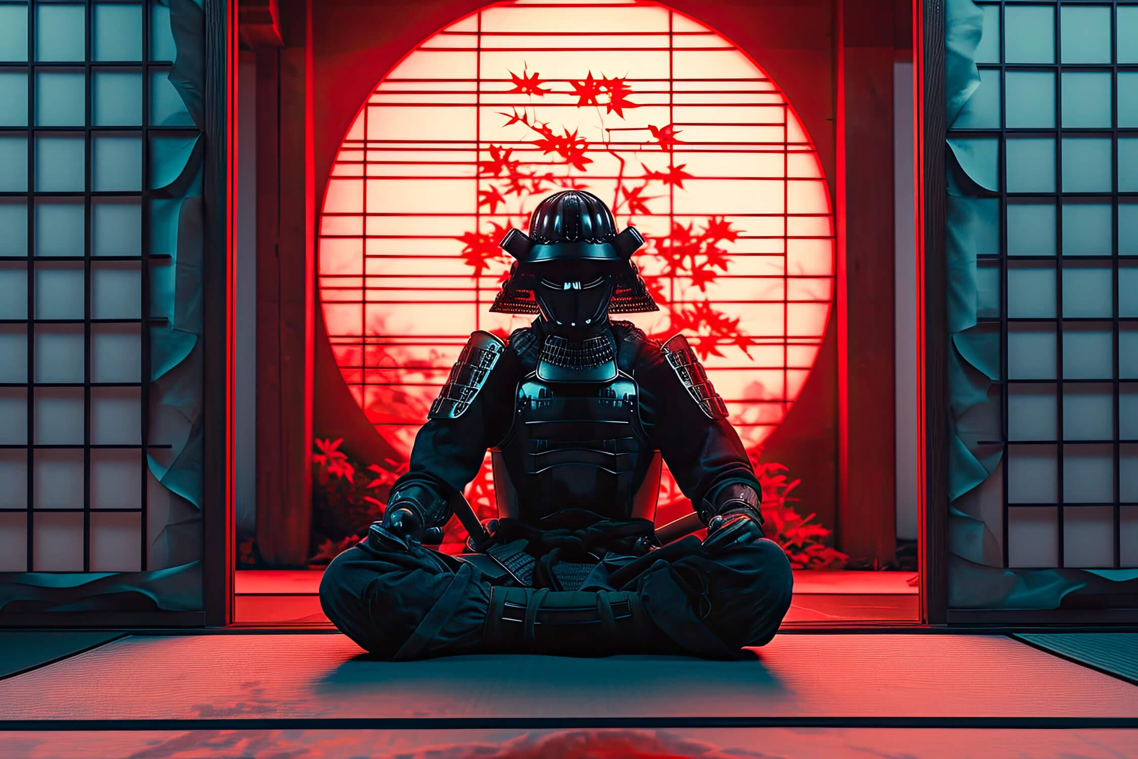 Japanese samurai warrior design file showing detailed red moon pattern and maple leaves