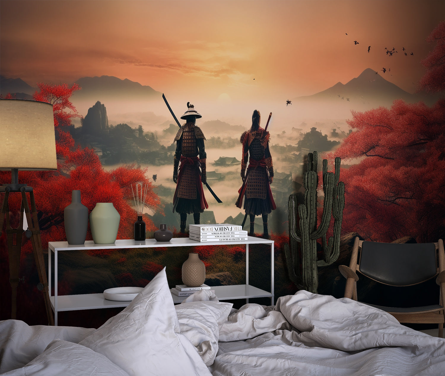 Oriental warrior mural adding depth to home office space