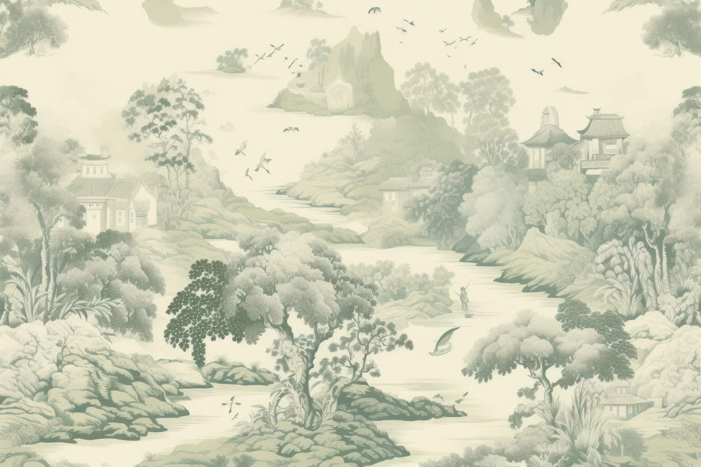 Japanese forest landscape design file showing intricate brushwork and sage green color palette