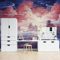 Japanese pagoda wallpaper creating a peaceful atmosphere in a modern living room with minimal furniture