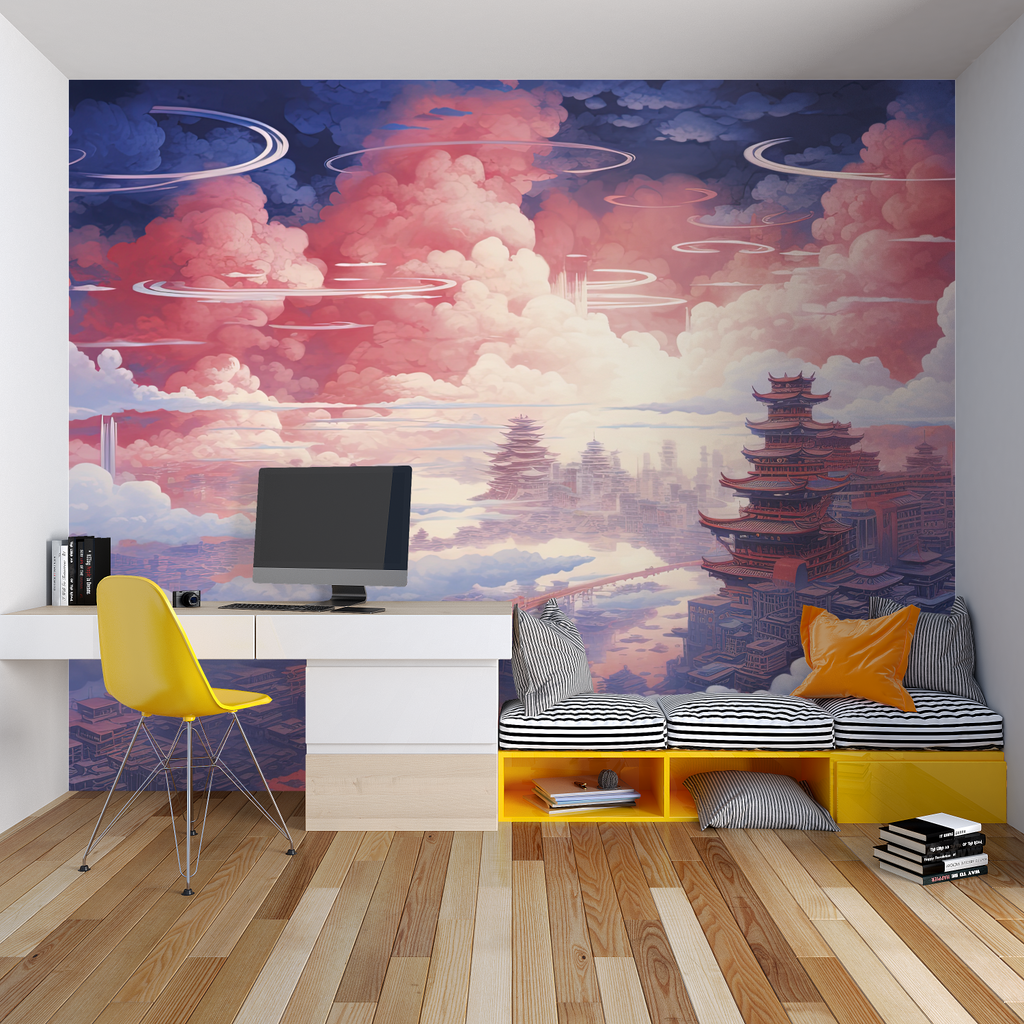 Oriental pagoda mural creating depth in a dining room with ambient lighting