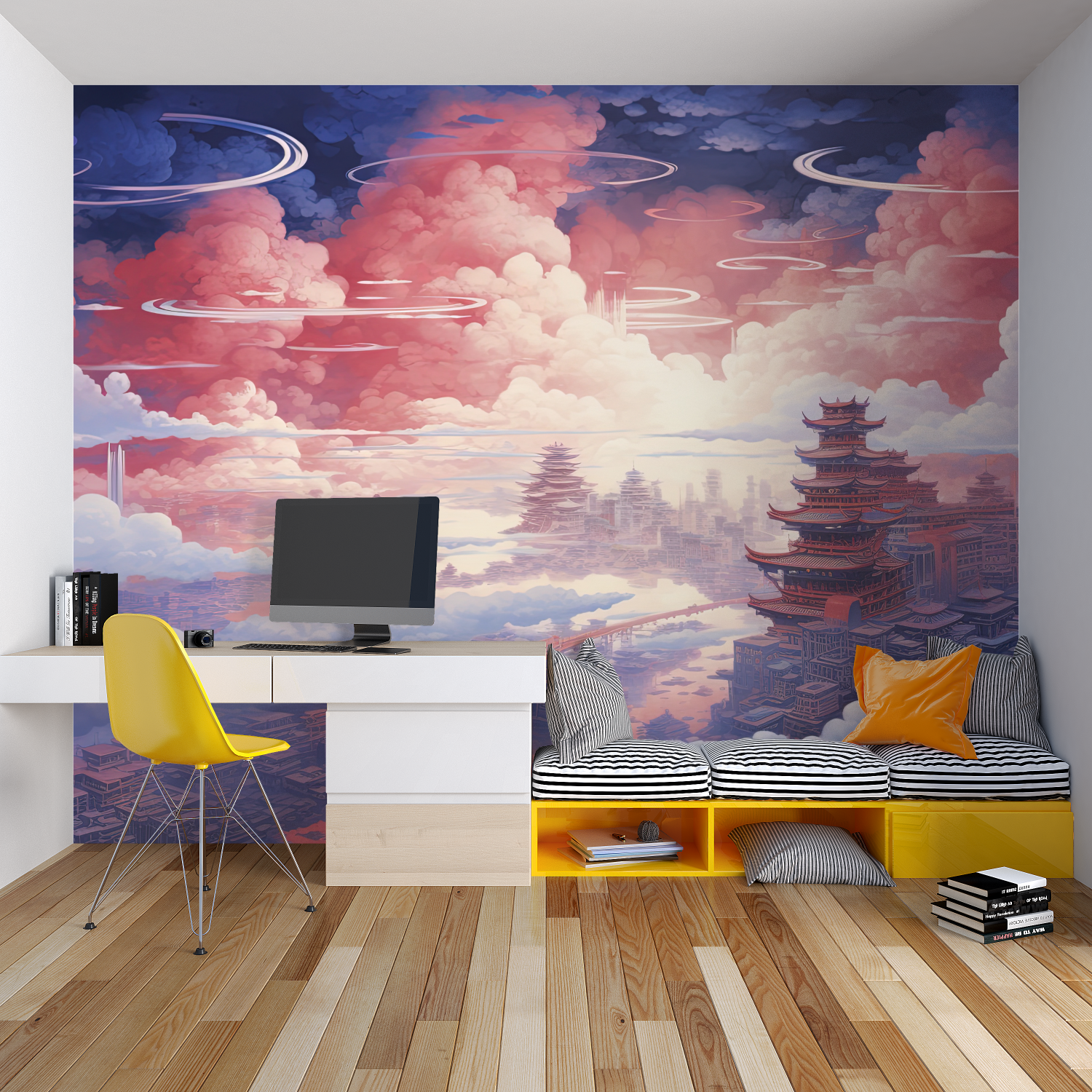 Oriental pagoda mural creating depth in a dining room with ambient lighting