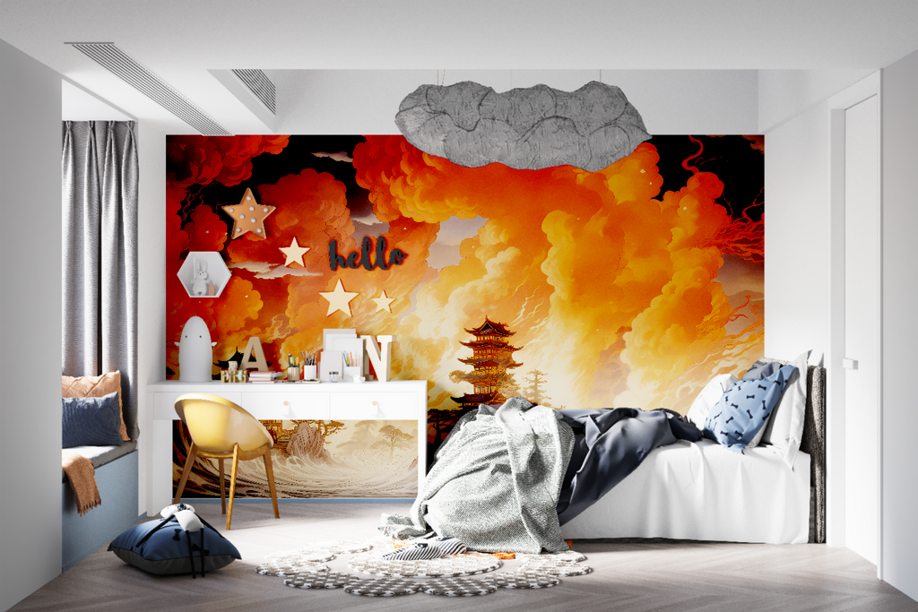 Japanese temple wallpaper creating a striking focal point in a modern living room with orange sunset glow