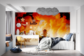 Japanese temple wallpaper creating a striking focal point in a modern living room with orange sunset glow