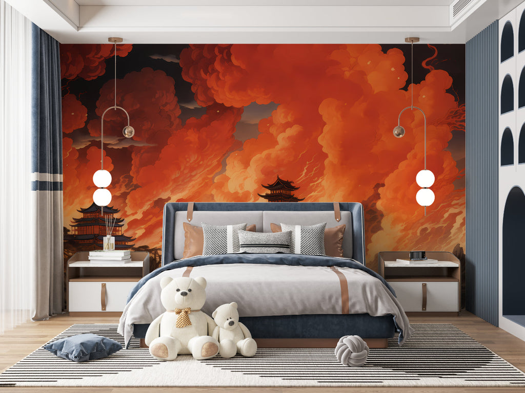 Asian temple wallpaper bringing depth to a minimalist bedroom with orange sky
