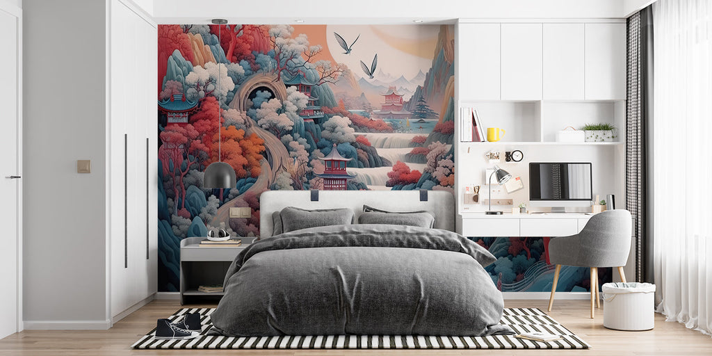 Japanese landscape mural in minimalist bedroom with cherry blossoms and pagoda scene