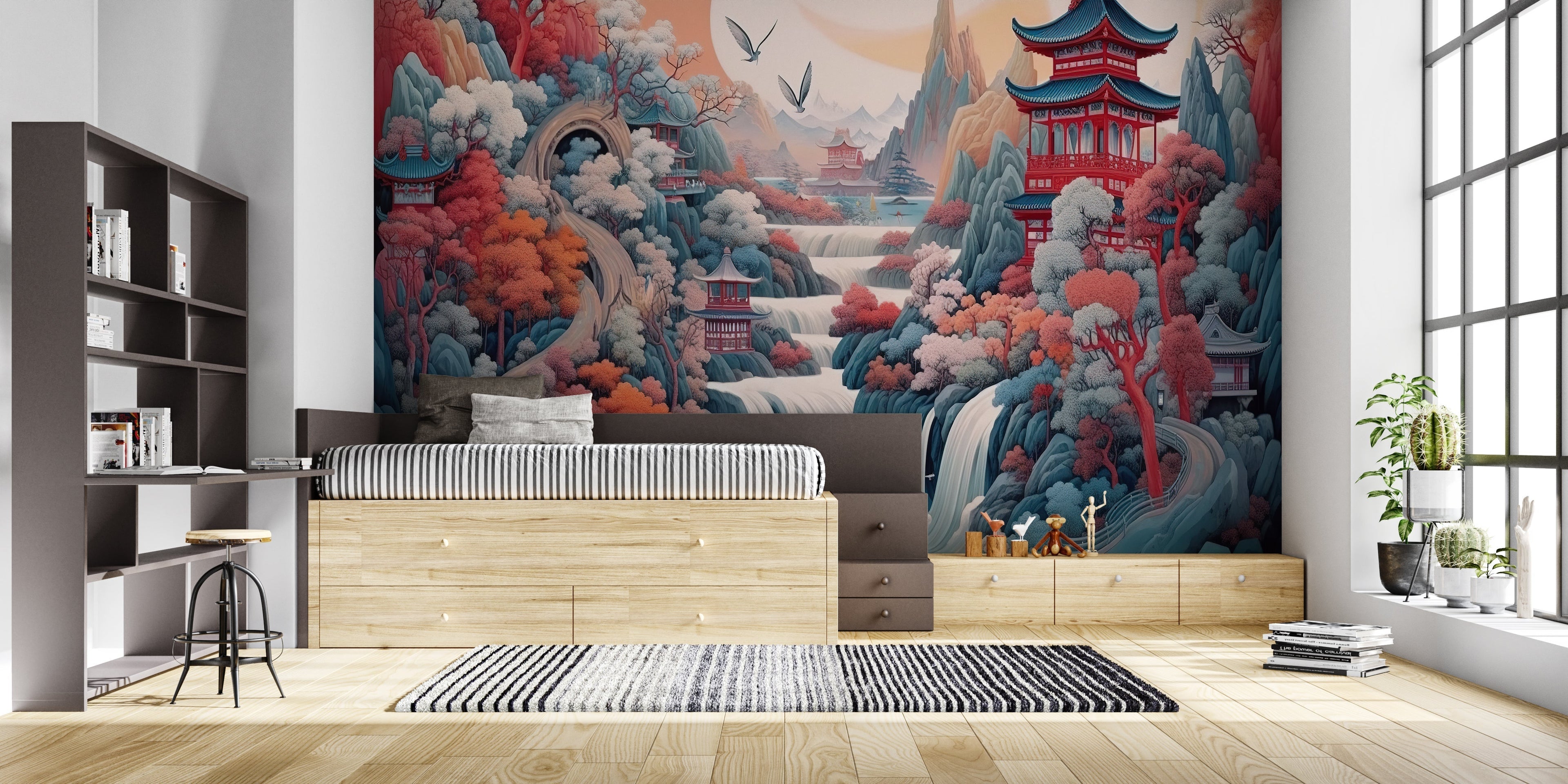 Japanese wall mural in meditation room showing peaceful cherry blossom scene