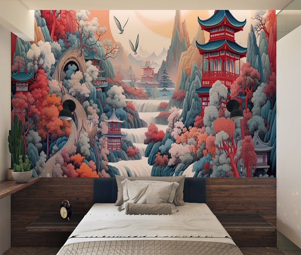 Cherry blossom landscape mural in home office creating zen atmosphere