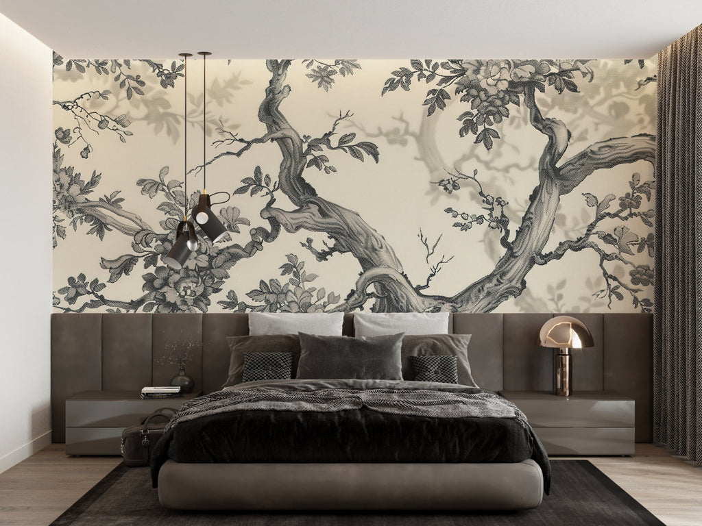 Traditional oriental wallpaper installation in meditation room corner