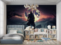 Japanese warrior wallpaper creating dramatic atmosphere in modern gaming room with purple LED lighting