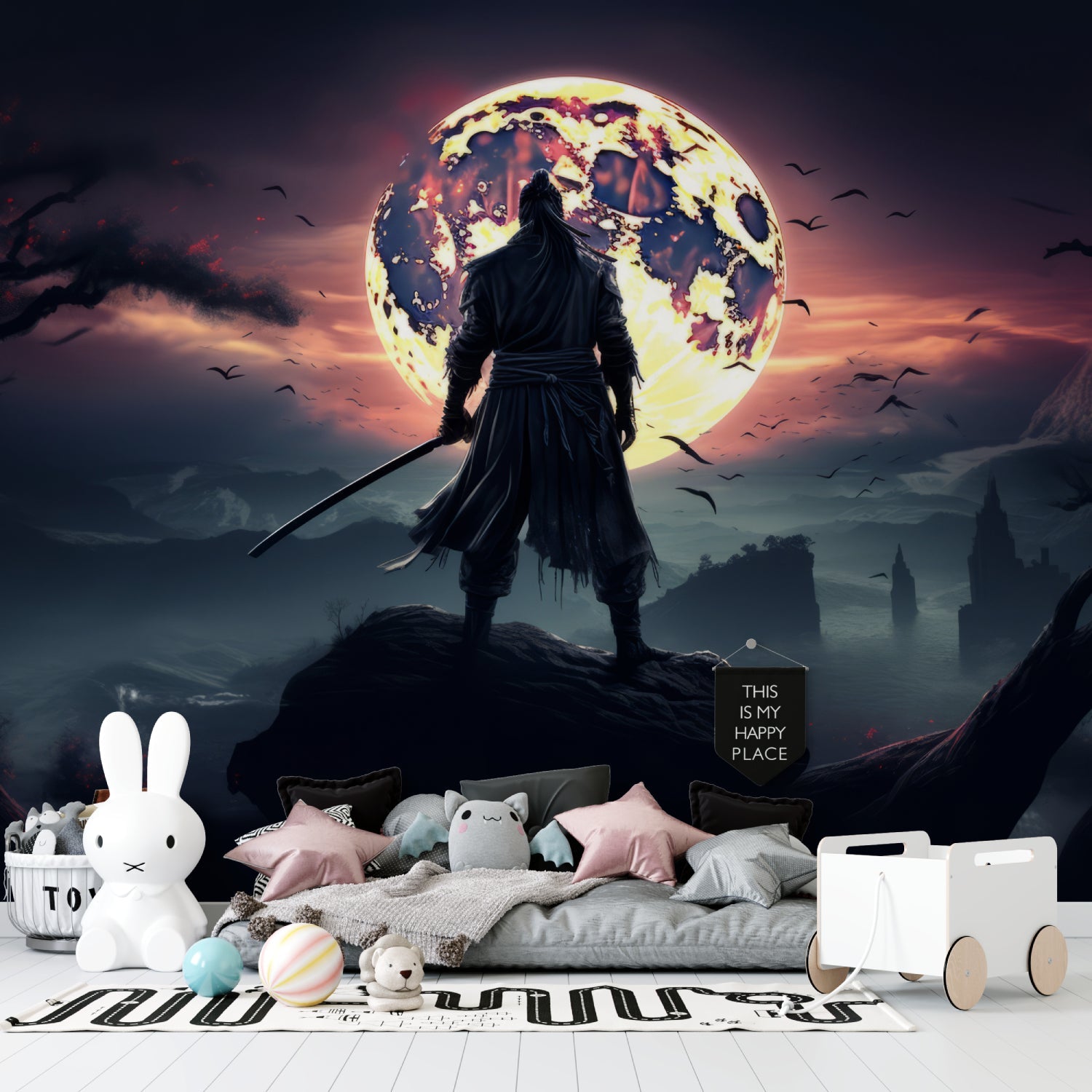 Japanese warrior mural making bold statement in teen bedroom with modern furniture