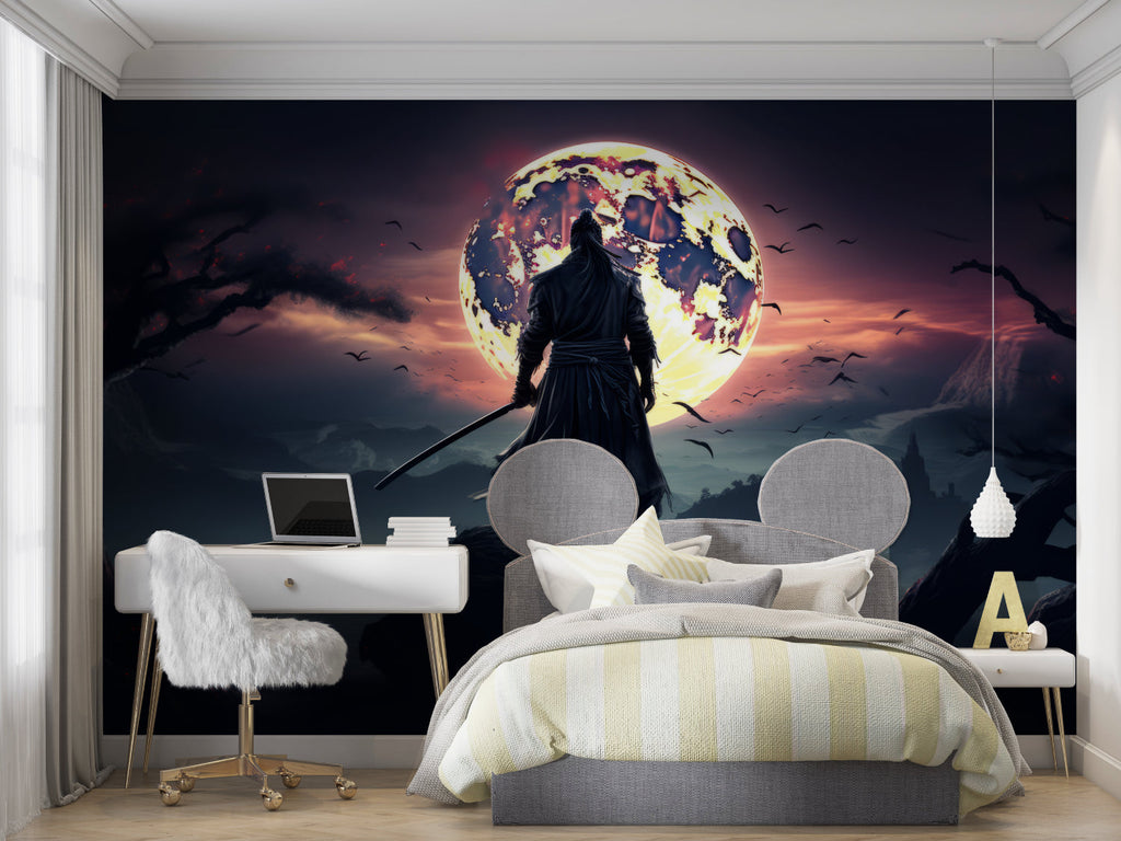 Moonlit warrior wallpaper transforming home office into artistic workspace