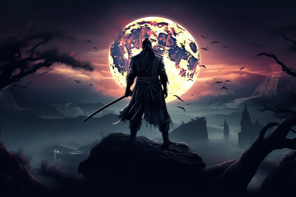 Japanese warrior silhouette design file showing intricate details and sunset color palette