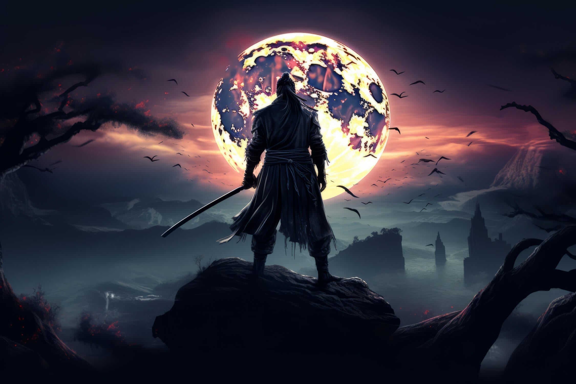 Japanese warrior silhouette design file showing intricate details and sunset color palette