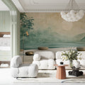 Japanese bamboo lake wallpaper creating zen atmosphere in modern living room with minimalist furniture