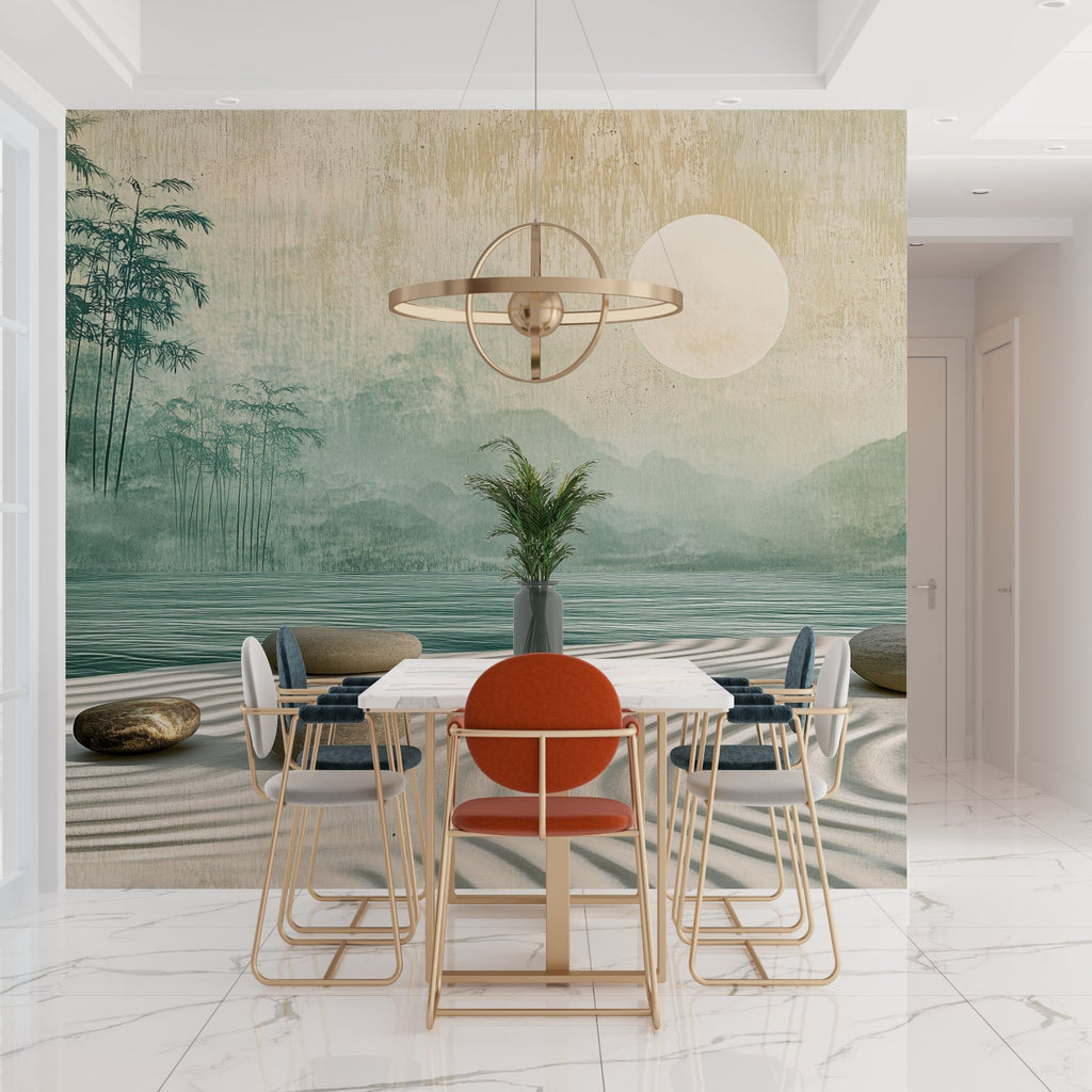 Japanese landscape mural enhancing spa-like bathroom atmosphere