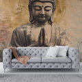 Japanese Buddha wallpaper creating serene atmosphere in modern minimalist living room with natural light