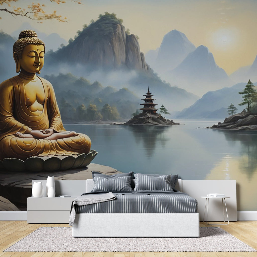 Peaceful bedroom featuring zen Buddha wallpaper with soft morning light