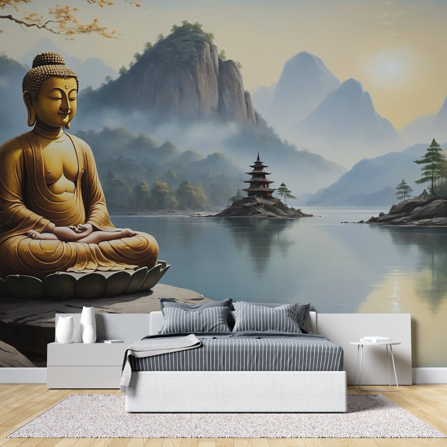 Peaceful bedroom featuring zen Buddha wallpaper with soft morning light