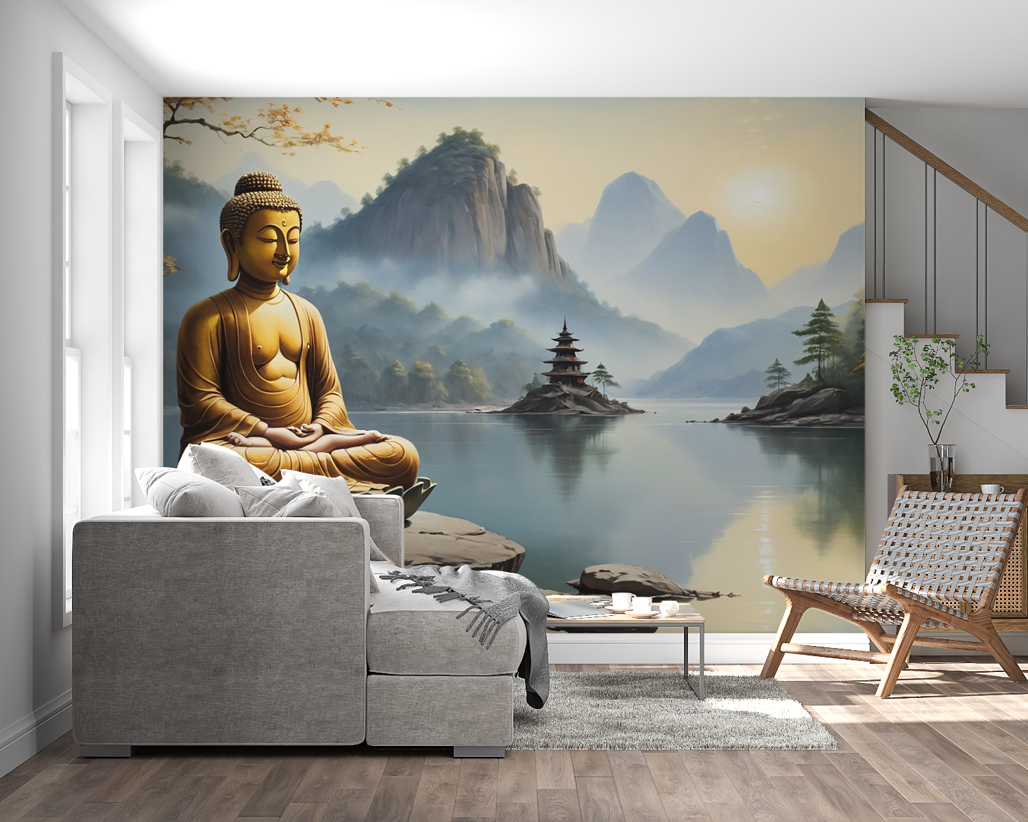 Spa reception area showcasing zen mountain lake wallpaper design