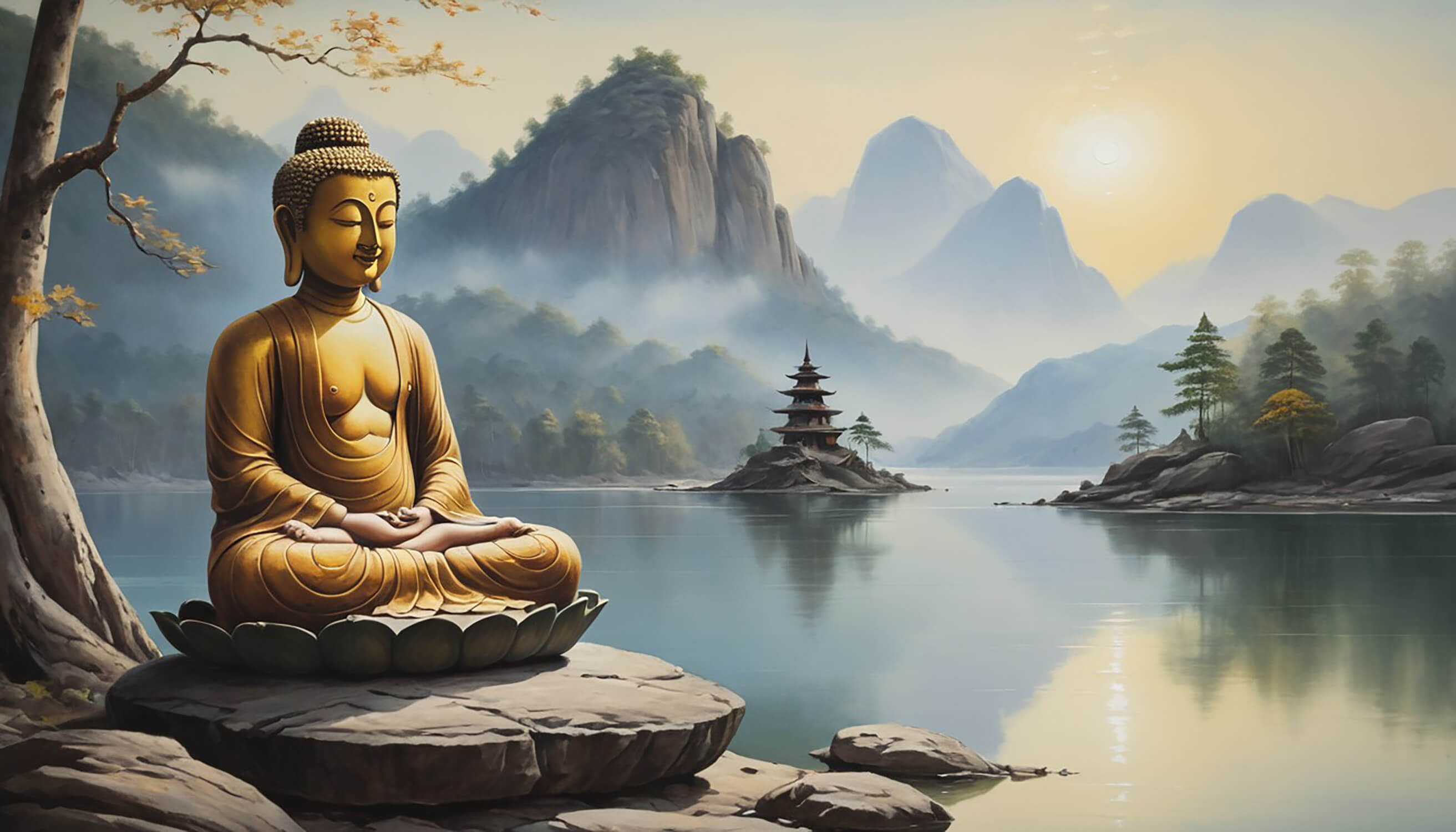 Buddha mountain lake design file showing intricate details and misty landscape pattern