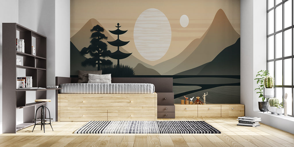 Japanese landscape wallpaper bringing calm to master bedroom