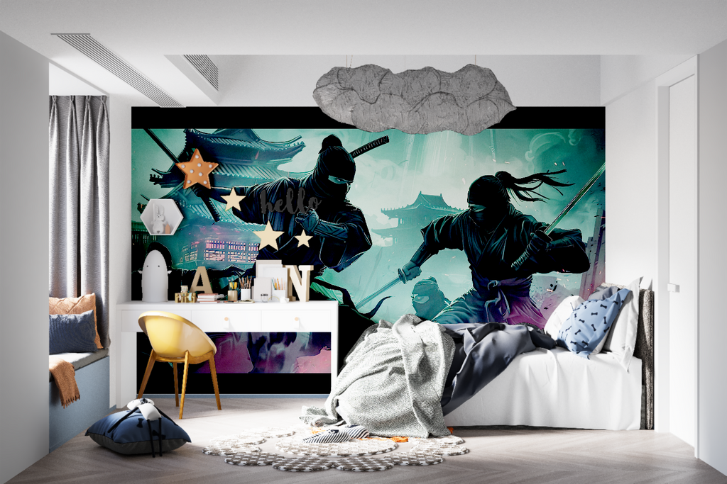 Night combat scene mural bringing energy to gaming lounge