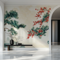 Japanese pine tree wallpaper with cherry blossoms creating calm in a modern living room