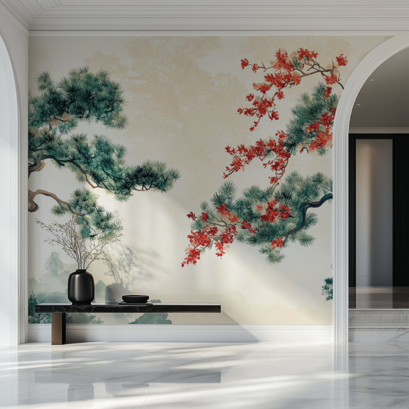 Japanese pine tree wallpaper with cherry blossoms creating calm in a modern living room