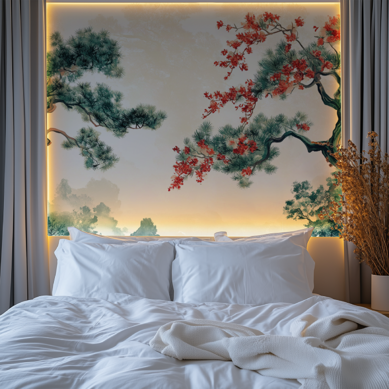 Cherry blossom and pine wall mural adding serenity to a bedroom space