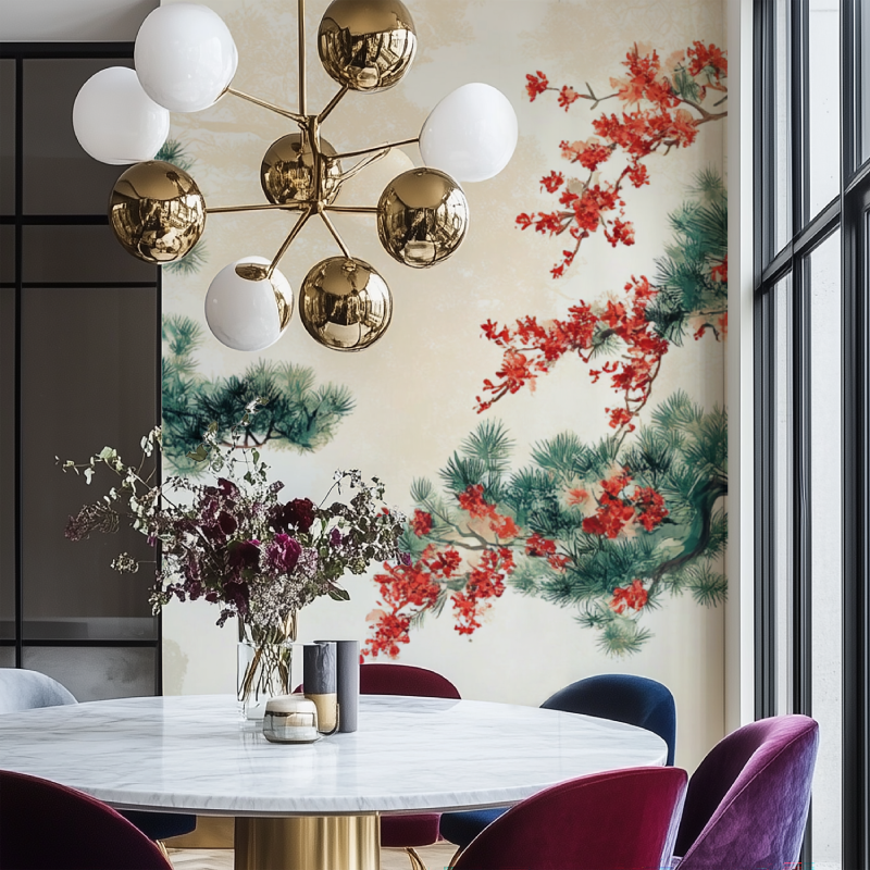 Oriental pine wallpaper transforming a dining room with Japanese garden style