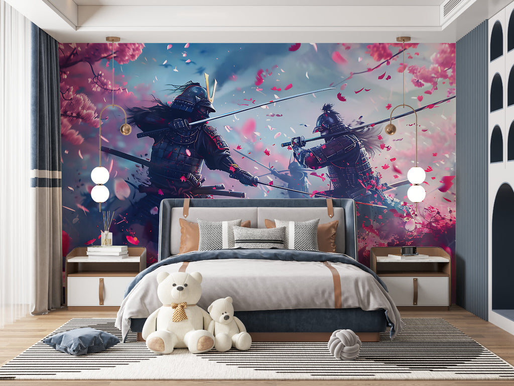 Cherry blossom warrior mural transforming office space with Asian flair