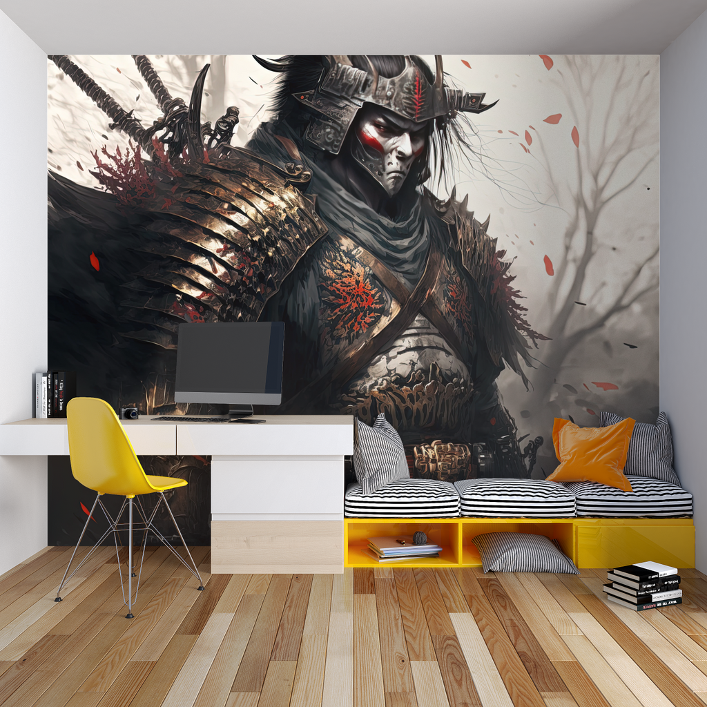 Samurai warrior wallpaper creating dramatic atmosphere in modern living room with black furniture
