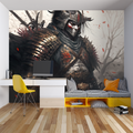 Samurai warrior wallpaper creating dramatic atmosphere in modern living room with black furniture