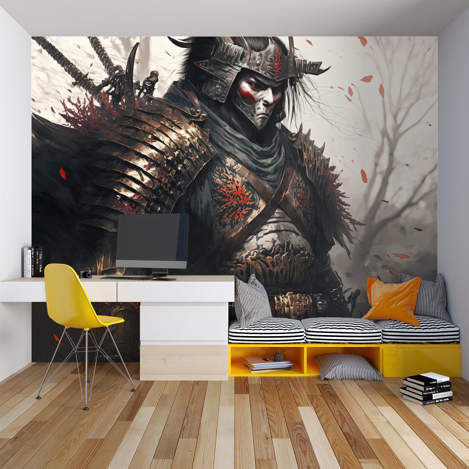 Samurai warrior wallpaper creating dramatic atmosphere in modern living room with black furniture
