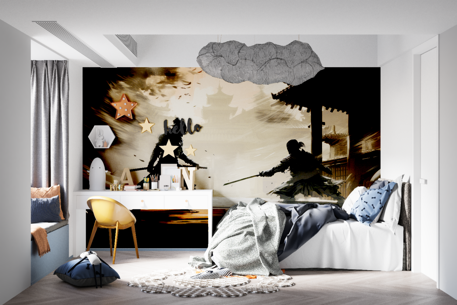 Japanese Samurai battle mural displayed in modern gaming room with dramatic lighting