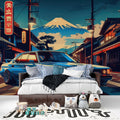 Japanese street scene wallpaper in modern teen bedroom showing sports car and Mount Fuji