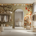Japanese tree wallpaper in modern living room with beige sofa and natural light