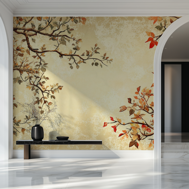 Oriental tree mural in minimalist dining room setting