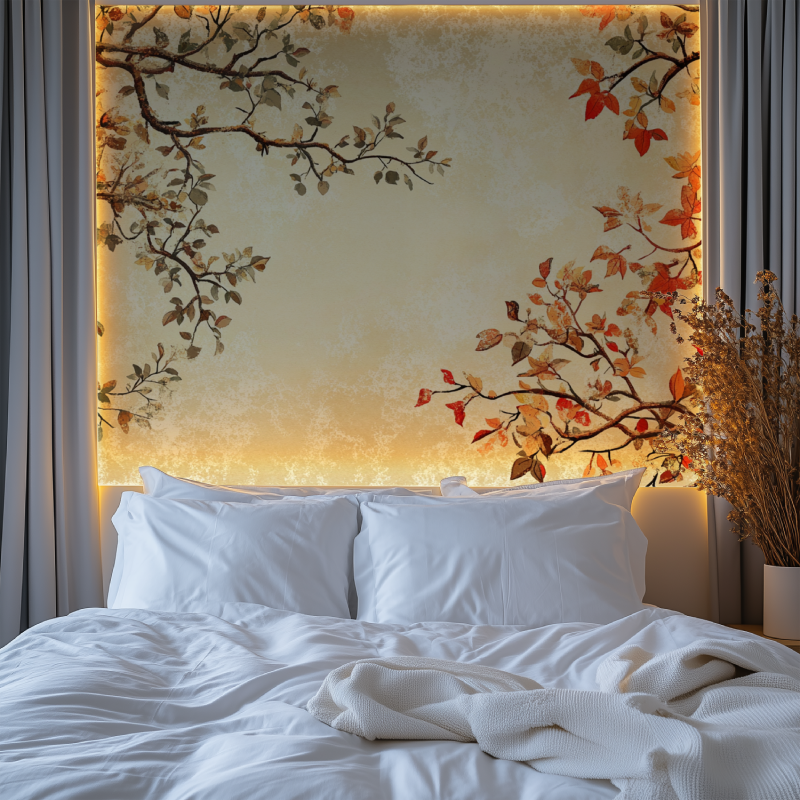 Japanese autumn tree wallpaper in master bedroom with wooden furniture