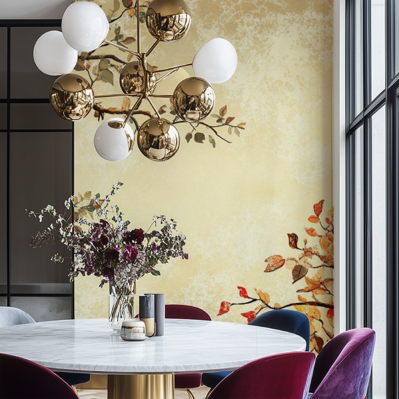 Japanese tree wall mural in home office with natural decor
