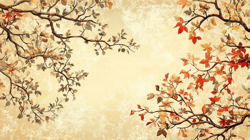Design file of Japanese tree pattern with autumn leaves on beige background