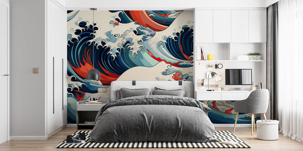 Blue and red Japanese wave mural creating focal point in minimalist bedroom