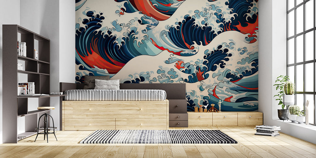 Ocean wave wallpaper adding movement to modern restaurant interior