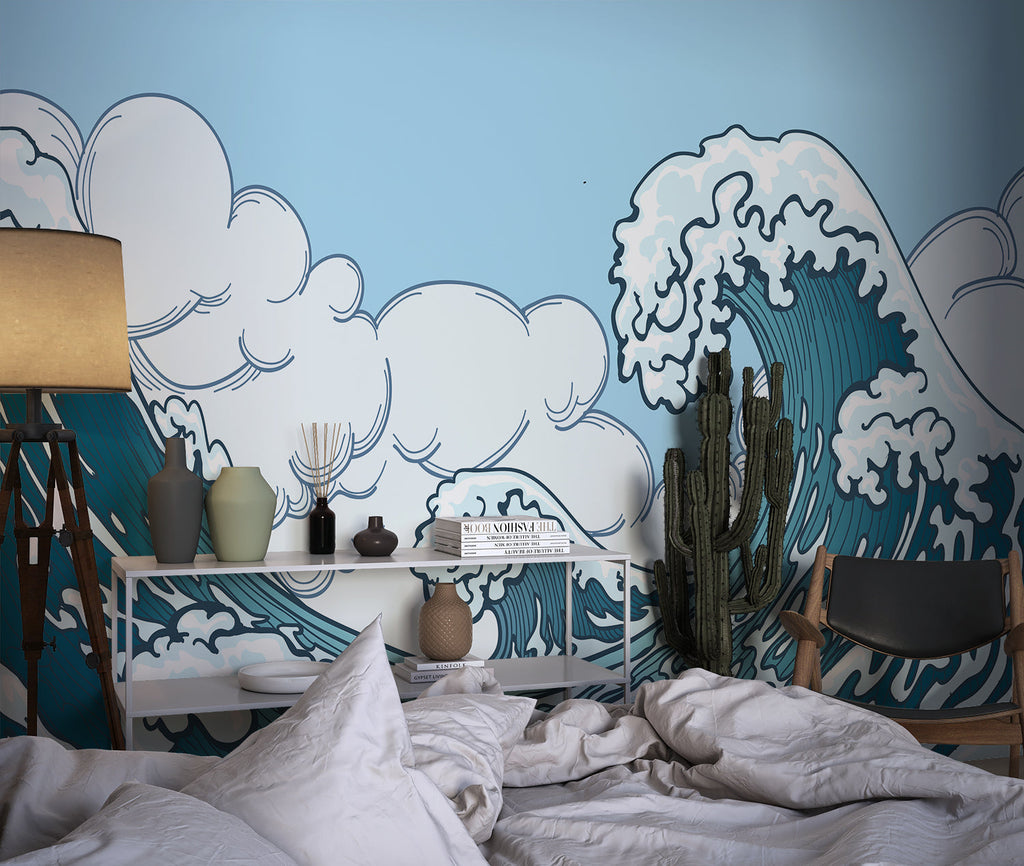 Japanese wave wallpaper creating a stunning focal point in a modern living room with minimalist furniture