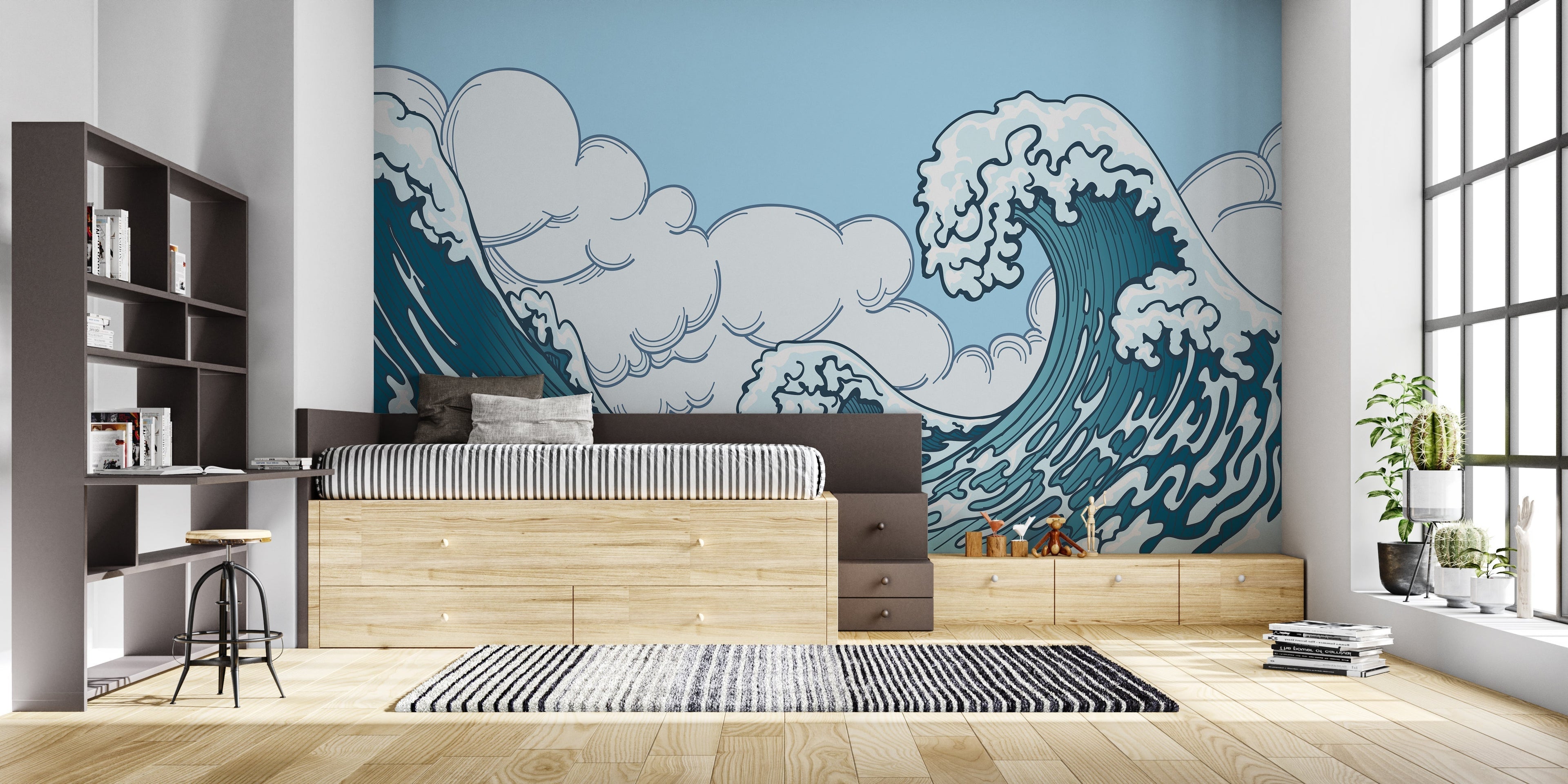 Wave mural wallpaper bringing ocean energy to a cozy bedroom setting