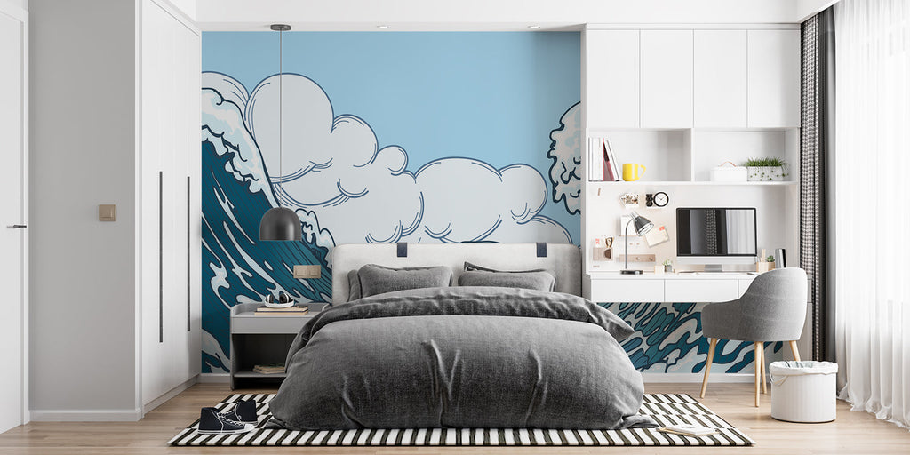 Wave and cactus mural creating depth in a contemporary hallway