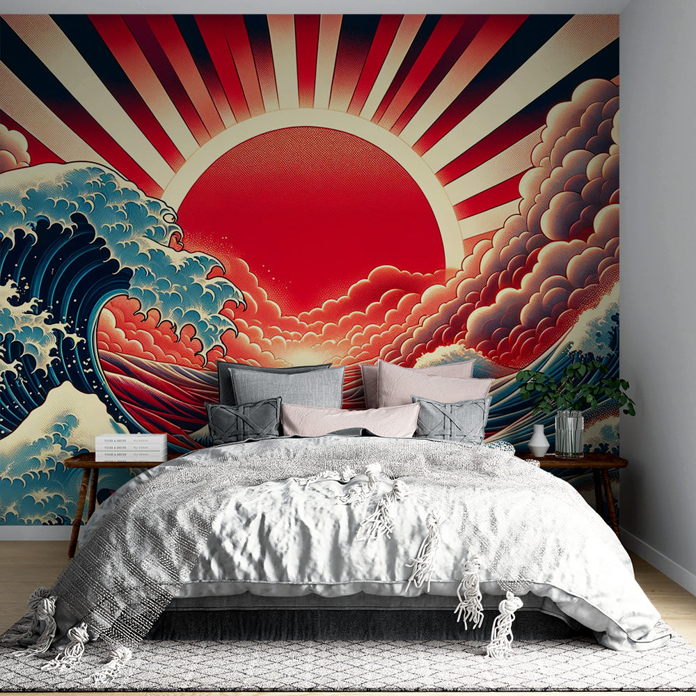 Japanese wave wallpaper creating dramatic focal point in modern living room with grey sofa and minimal decor
